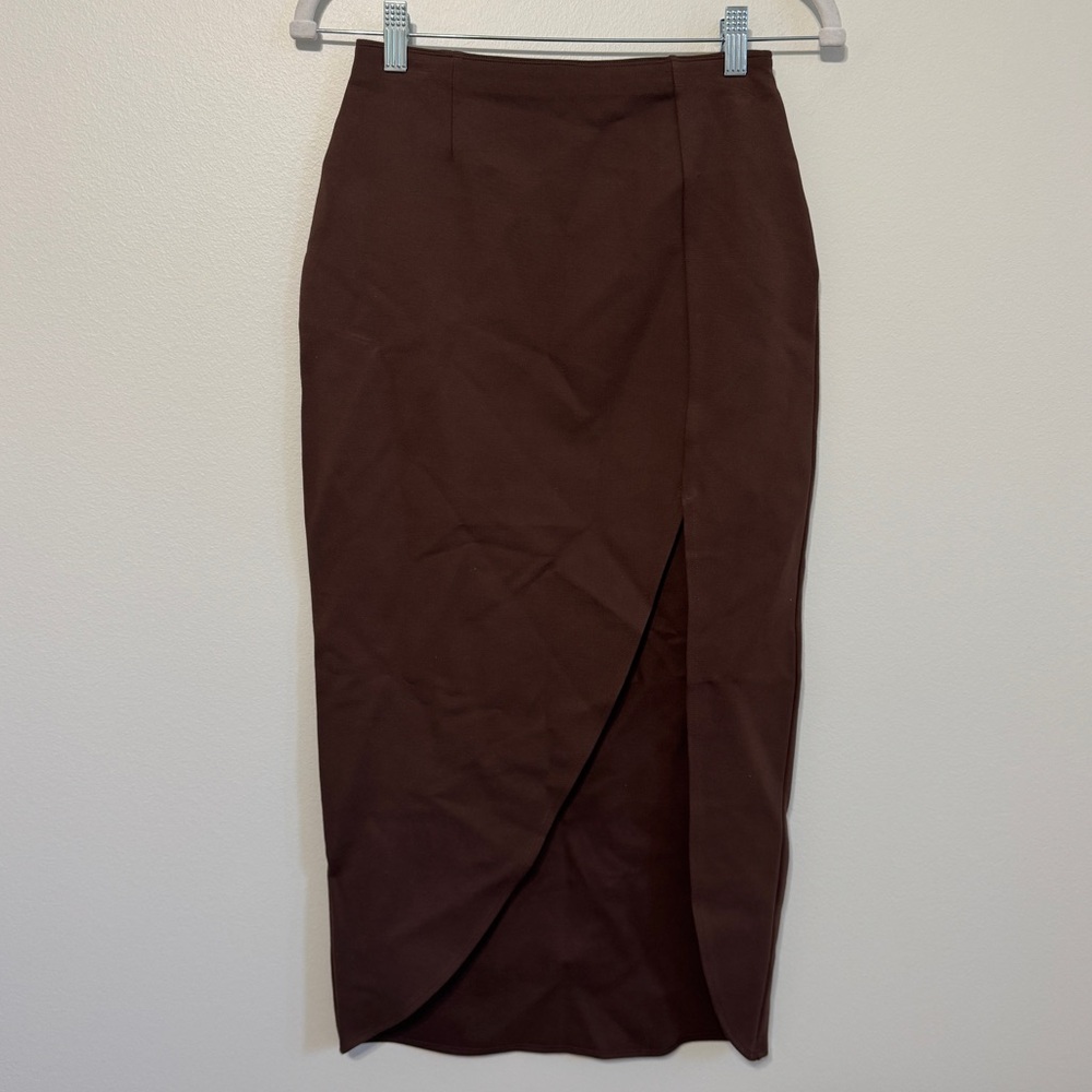 Abercrombie & Fitch Brown Midi Skirt Size XS Elevated Ponte Side Slit Stretch - Picture 2 of 8